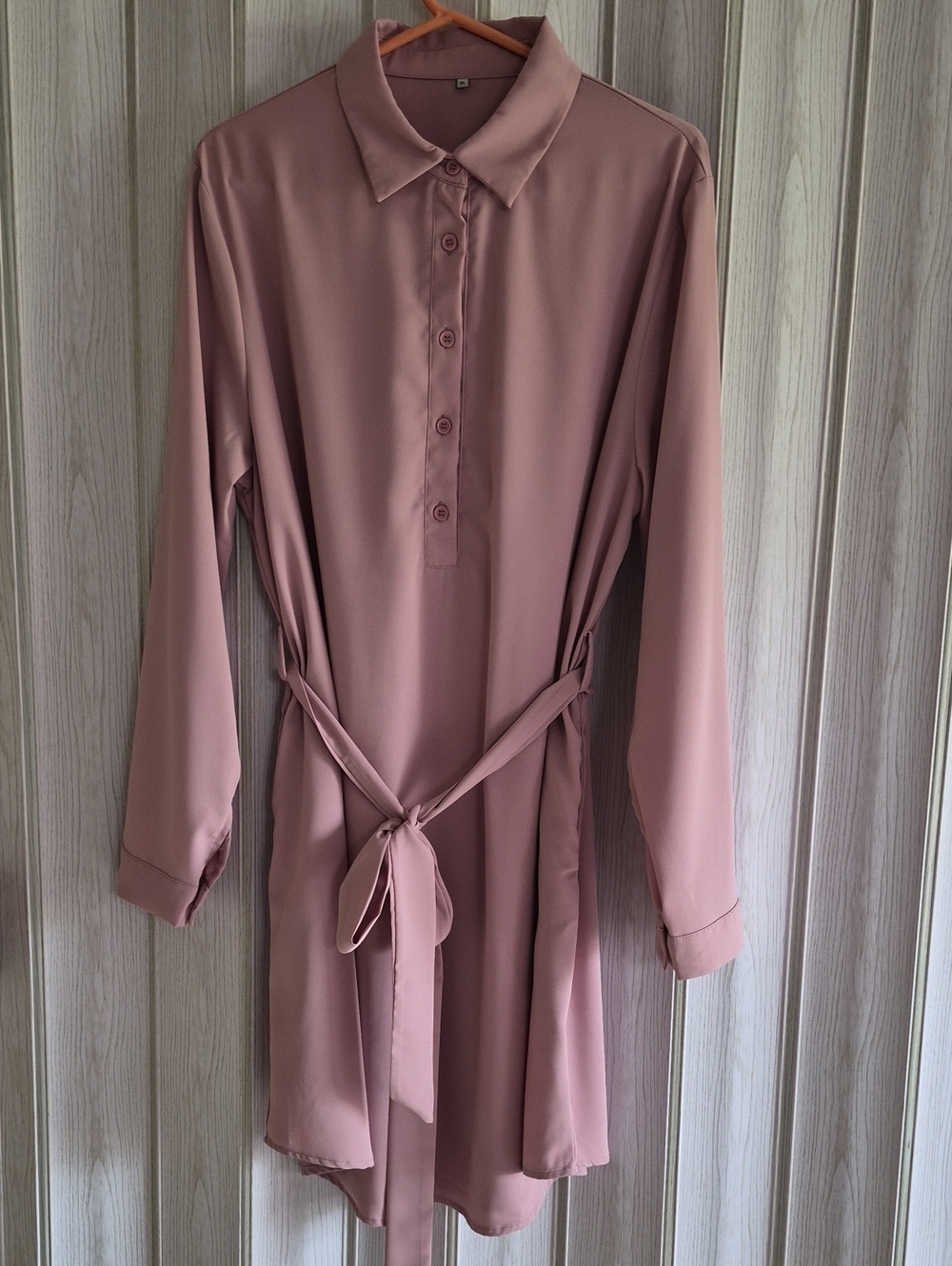 Long Sleeve Shirt Dress with Waist Tie - Dusty Rose